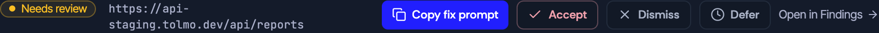 The action row of a needs-review finding: Copy fix prompt, Accept, Dismiss, Defer, and Open in Findings.