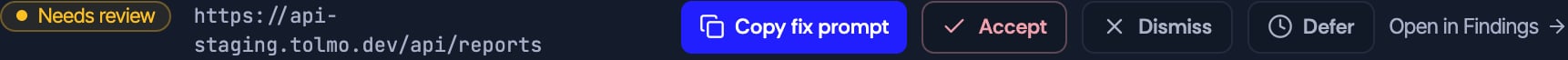 The action row of a needs-review finding: Copy fix prompt, Accept, Dismiss, Defer, and Open in Findings.