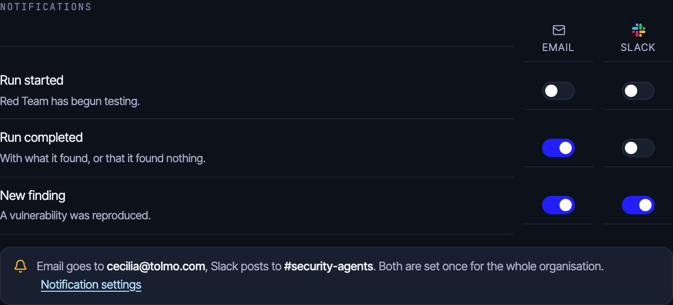 The notifications grid: run started, run completed and new finding, each with an email and a Slack toggle, above a note naming the destination address and channel.