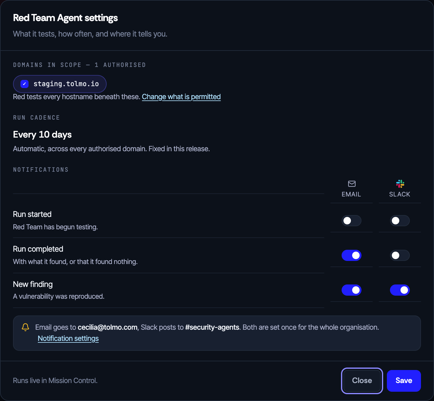 The Red Team Agent settings dialog showing domains in scope, the fixed ten-day run cadence, and a notifications grid of events against email and Slack.