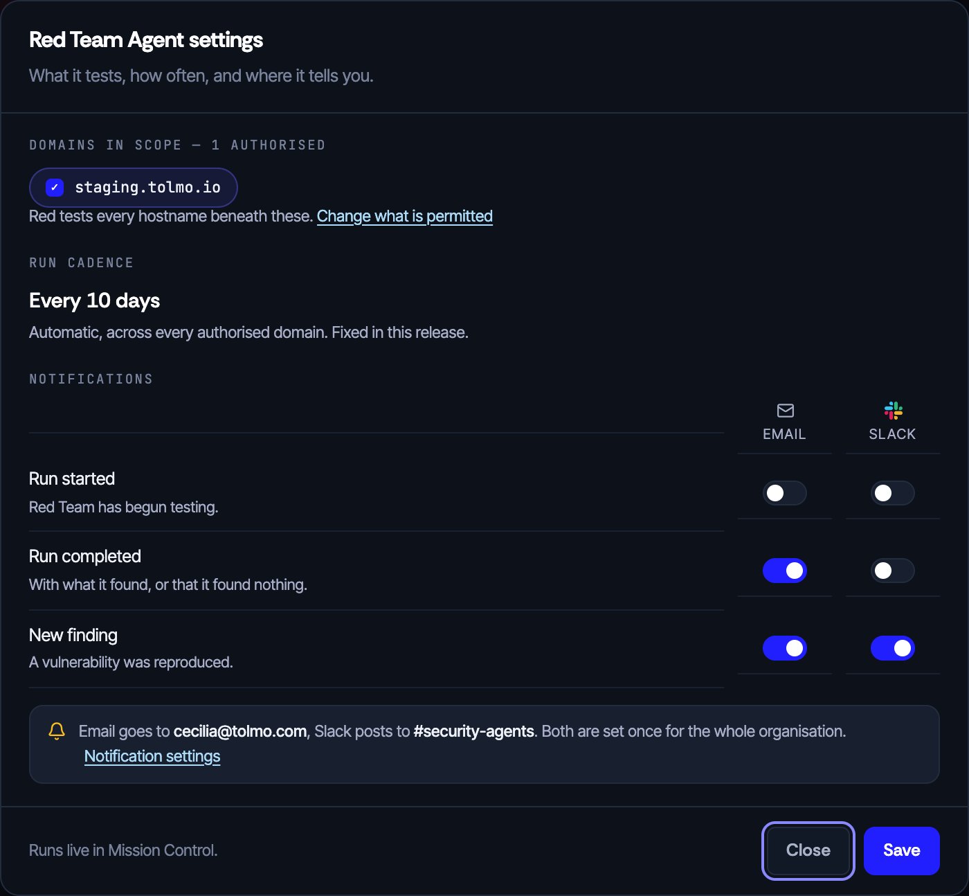 The Red Team Agent settings dialog showing domains in scope, the fixed ten-day run cadence, and a notifications grid of events against email and Slack.