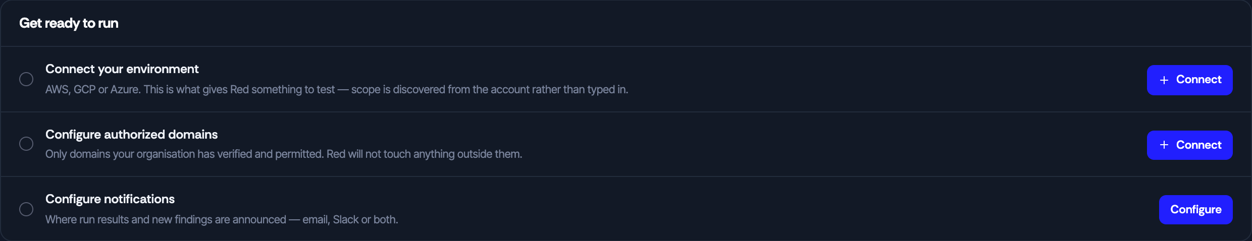 The Get ready to run checklist with three rows: connect your environment, configure authorized domains, and configure notifications.