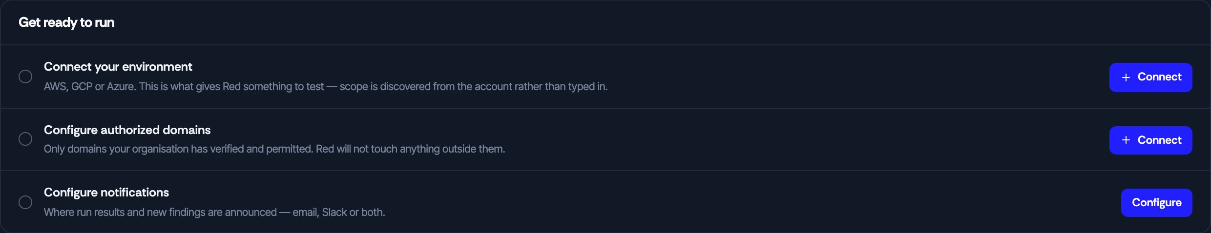 The Get ready to run checklist with three rows: connect your environment, configure authorized domains, and configure notifications.
