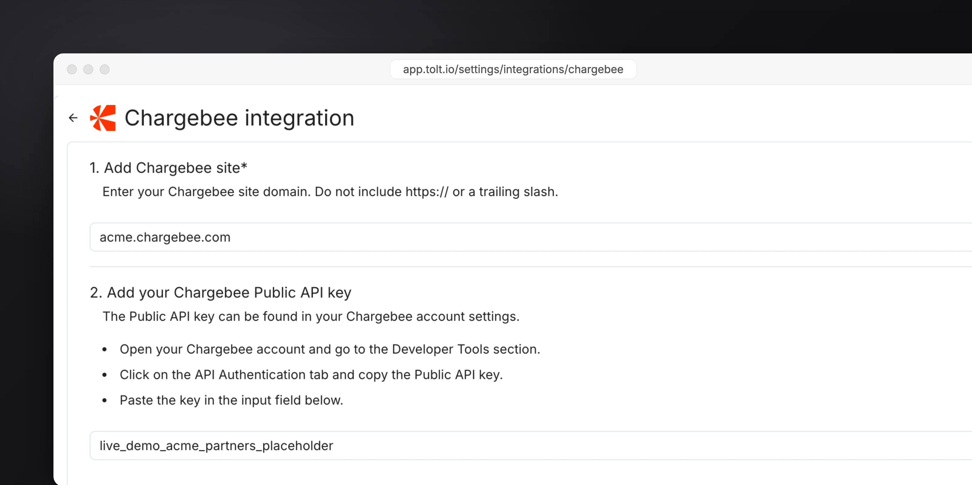The Chargebee integration page in Tolt