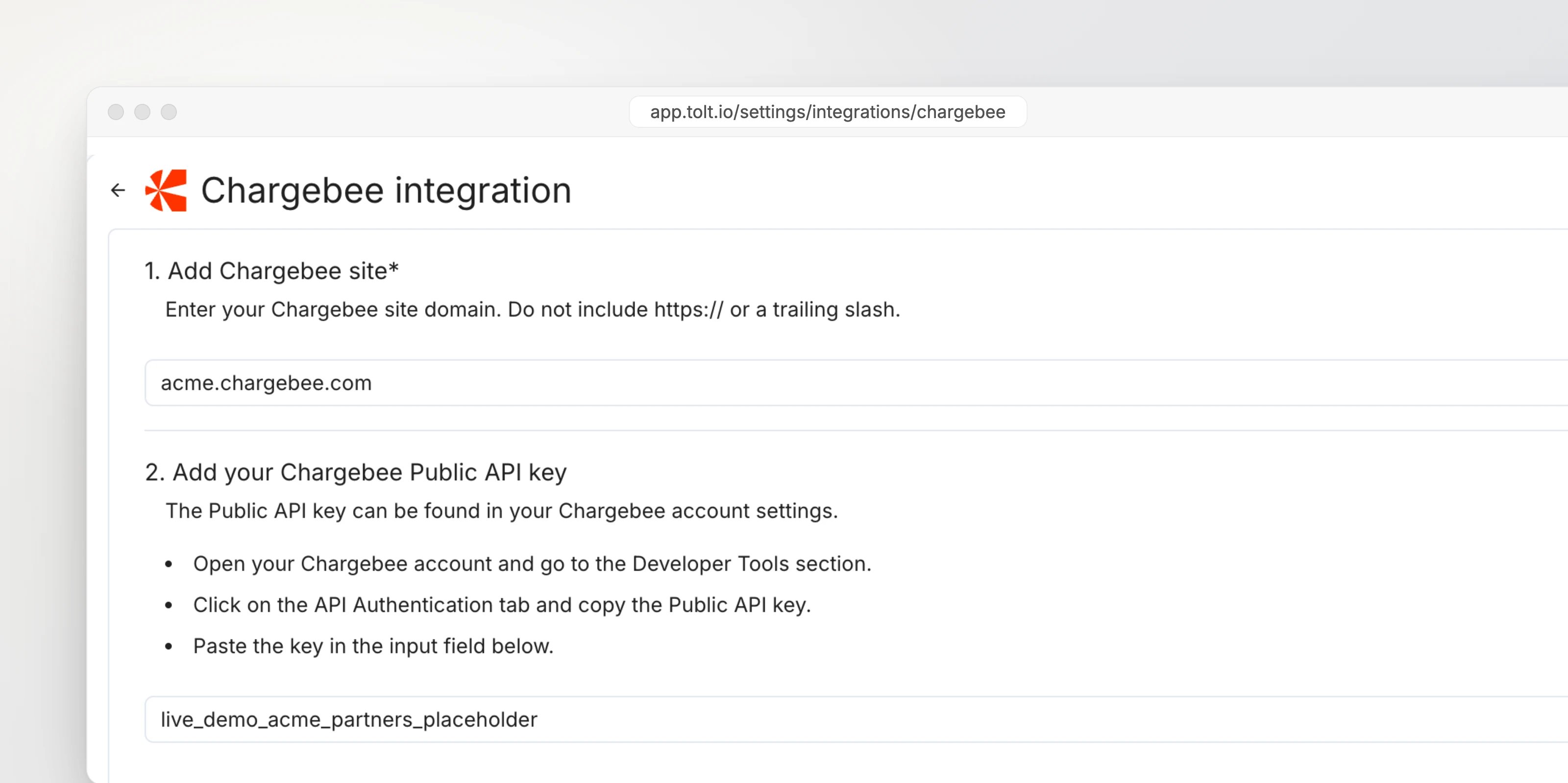 The Chargebee integration page in Tolt
