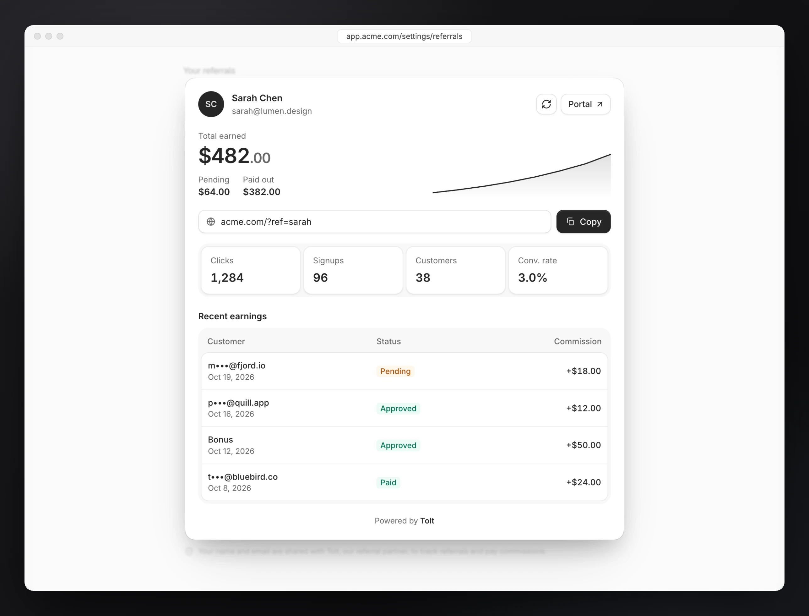 An embedded referral dashboard inside an app, showing the partner's link, earnings and recent referrals