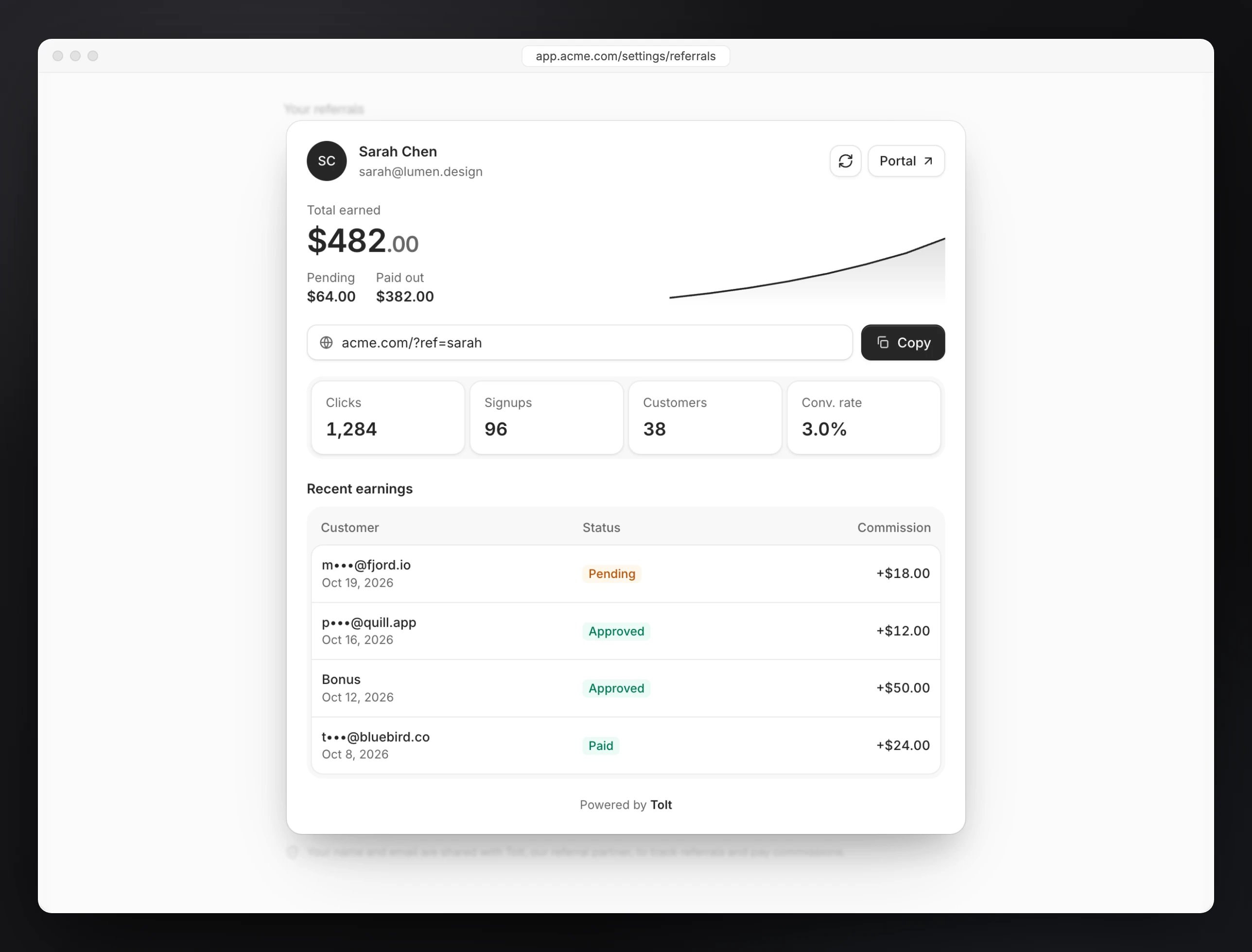 An embedded referral dashboard inside an app, showing the partner's link, earnings and recent referrals