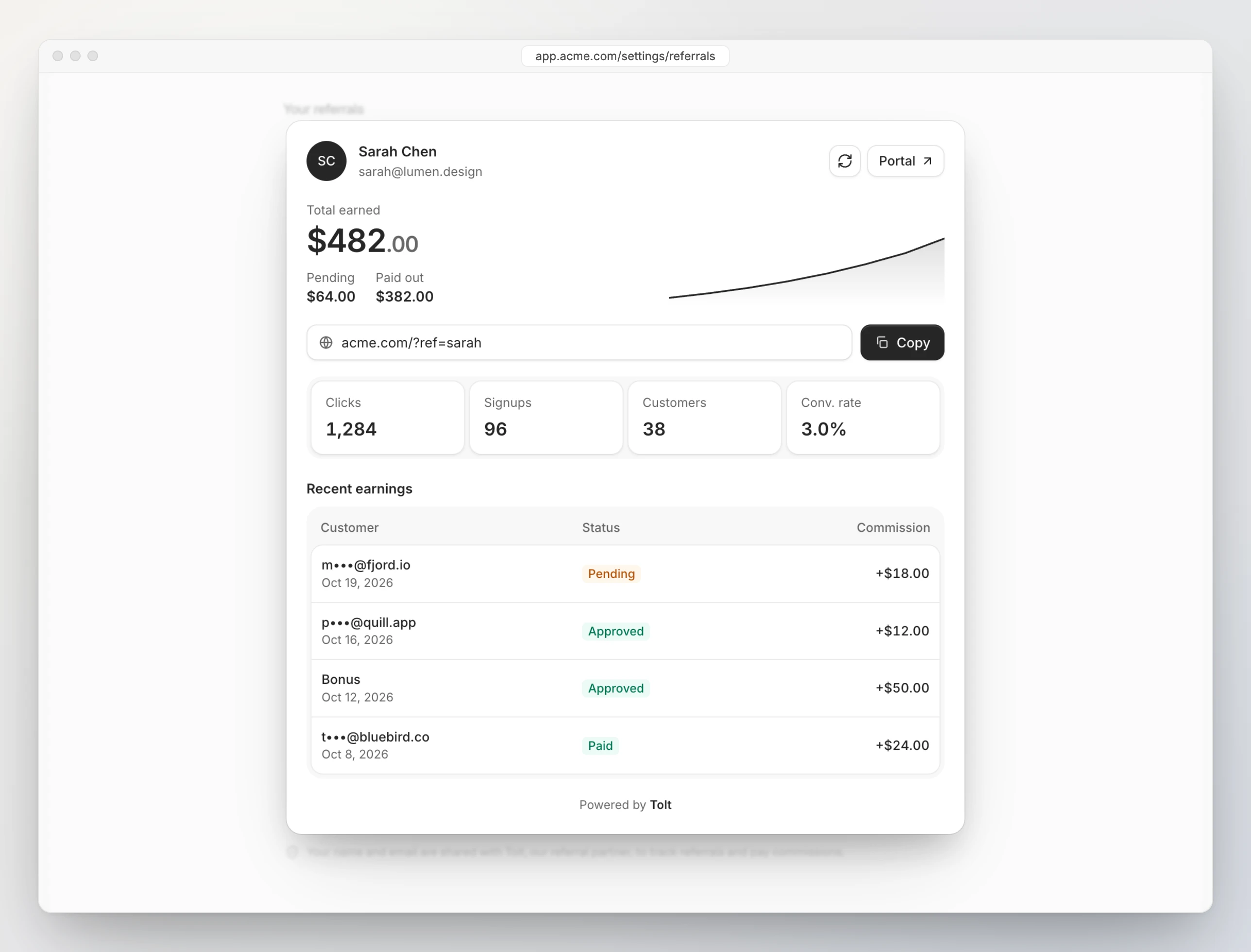 An embedded referral dashboard inside an app, showing the partner's link, earnings and recent referrals