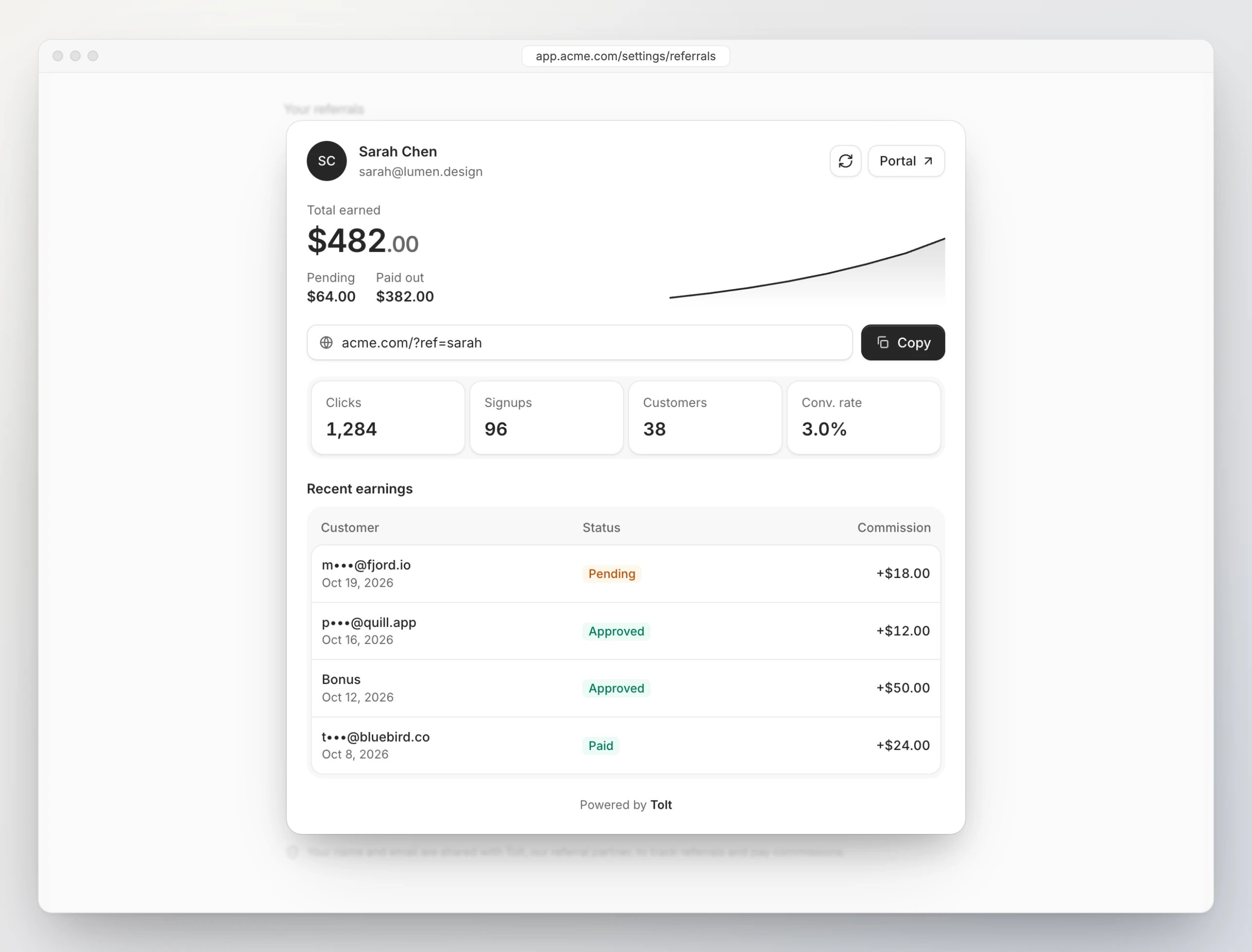 An embedded referral dashboard inside an app, showing the partner's link, earnings and recent referrals