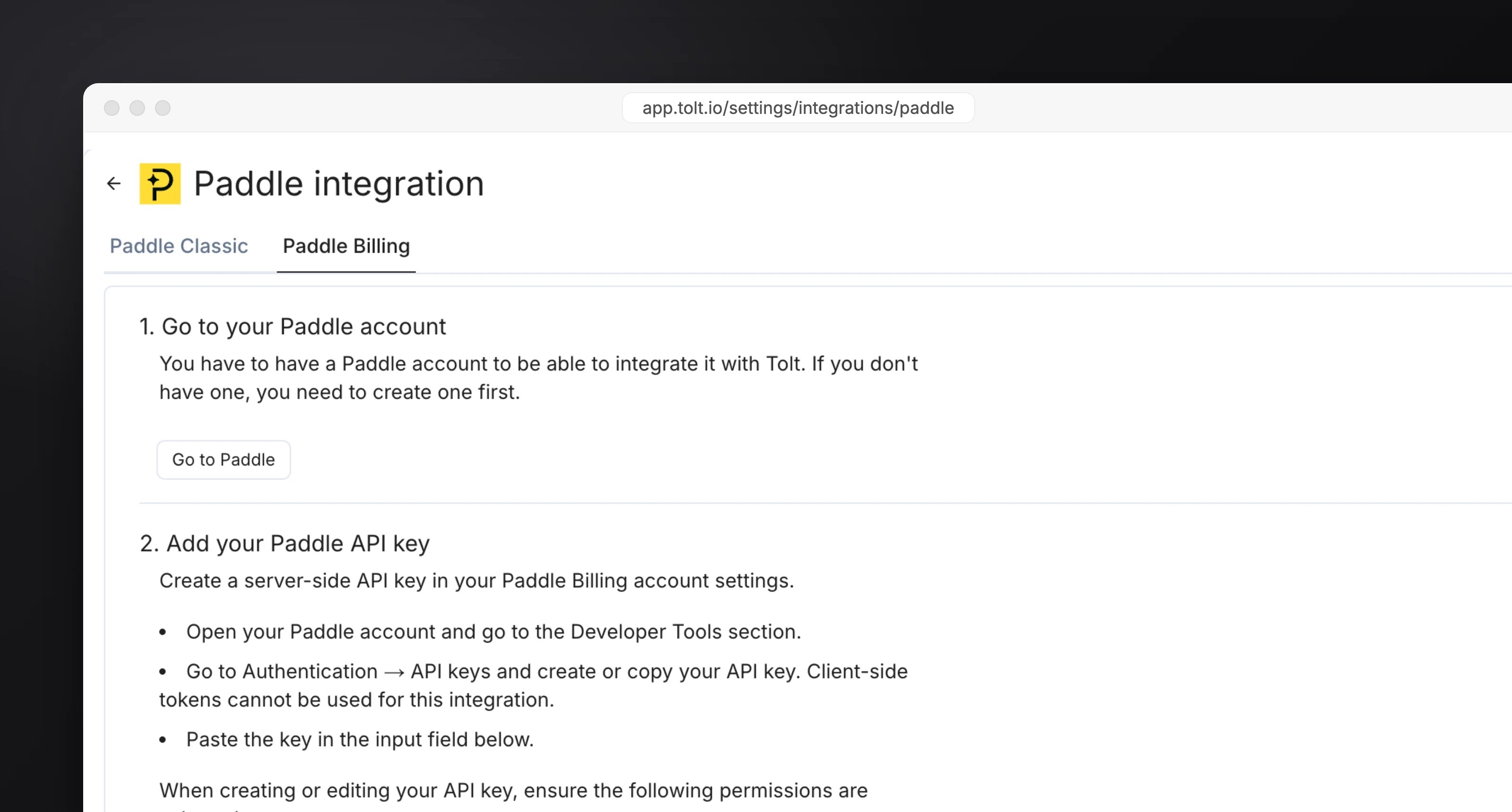 The Paddle integration page in Tolt