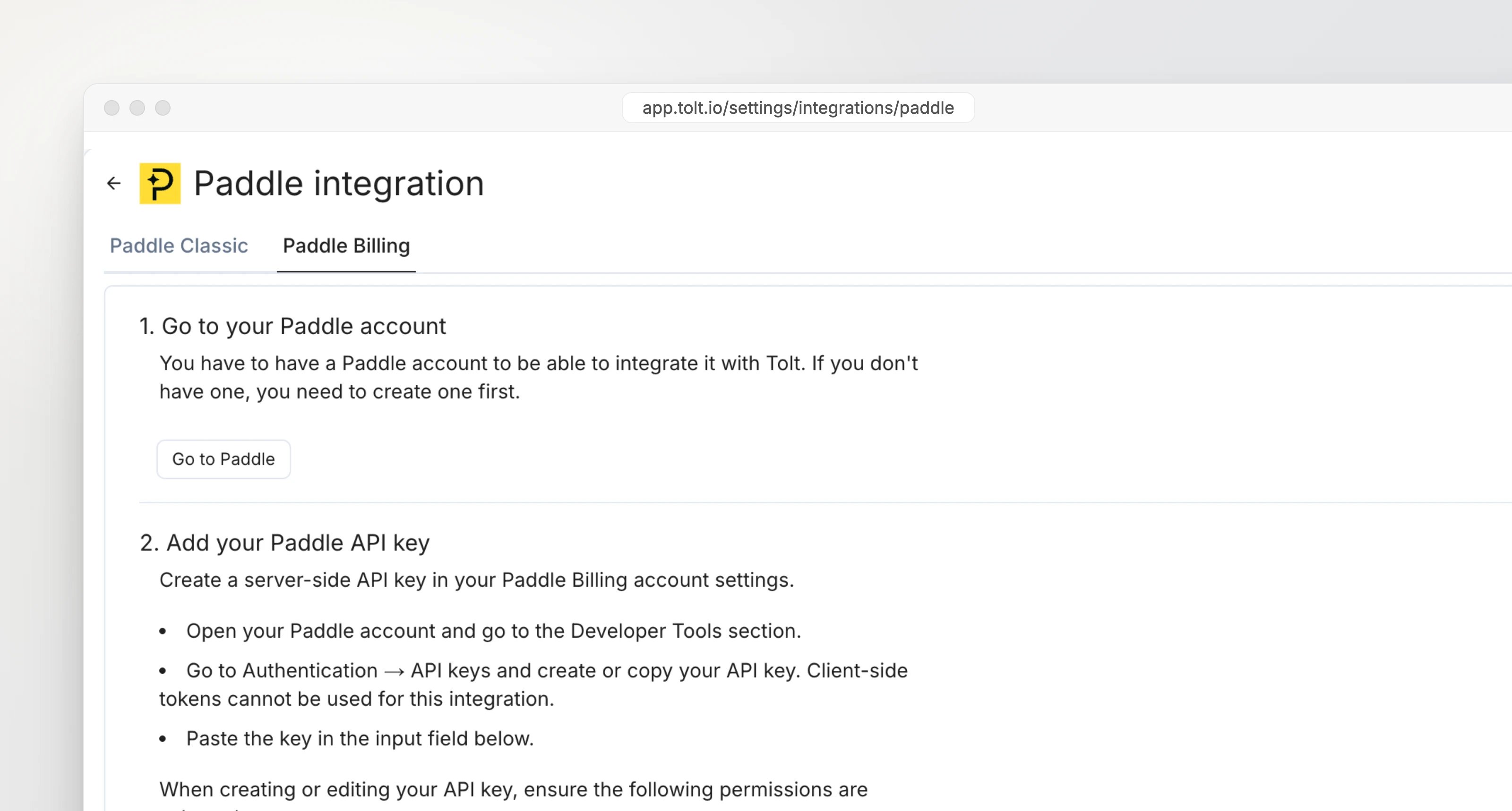 The Paddle integration page in Tolt