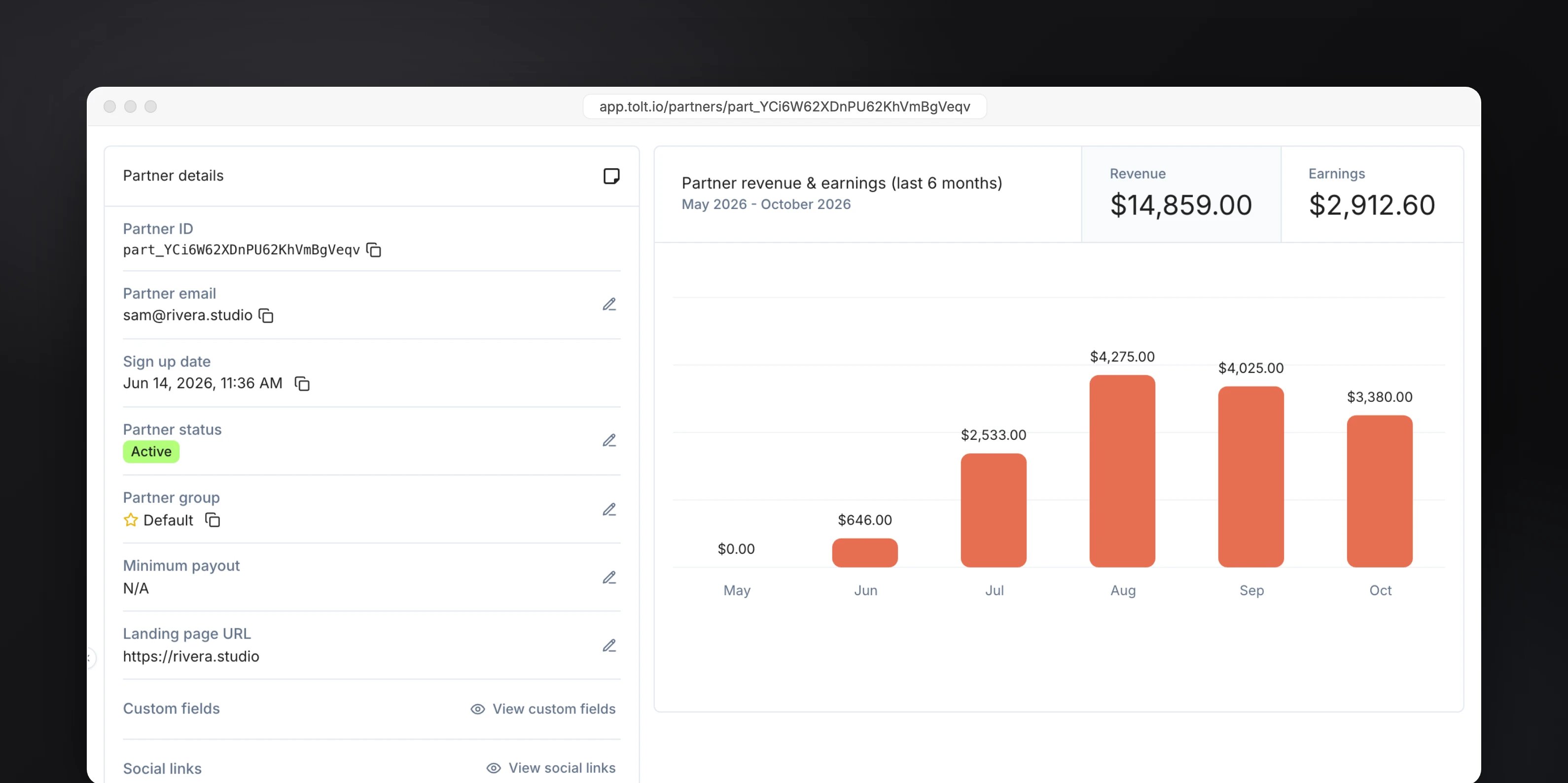 A partner profile, with revenue and earnings over the last six months.