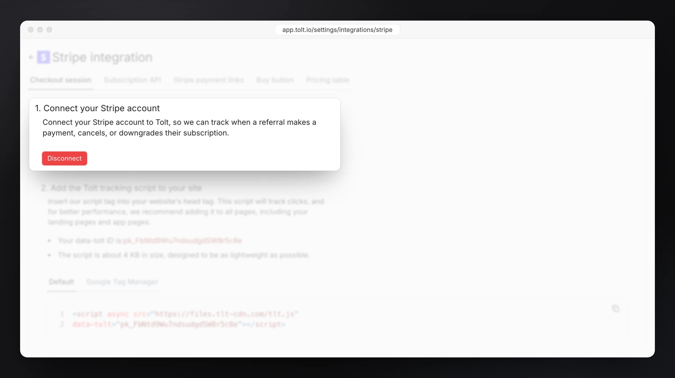 The Stripe integration page in Tolt, connected