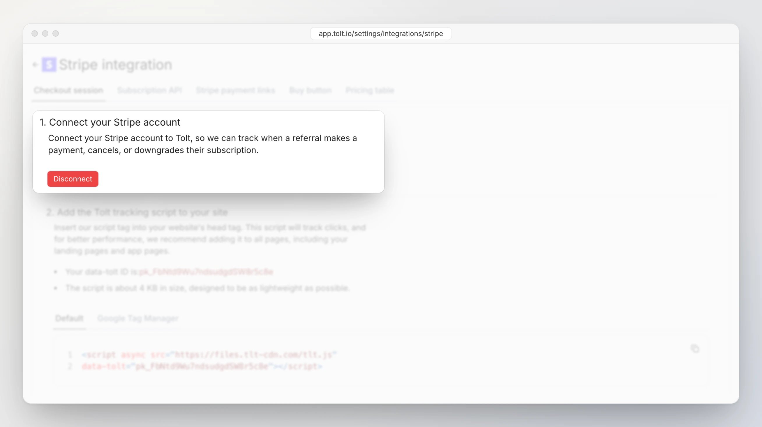 The Stripe integration page in Tolt, connected