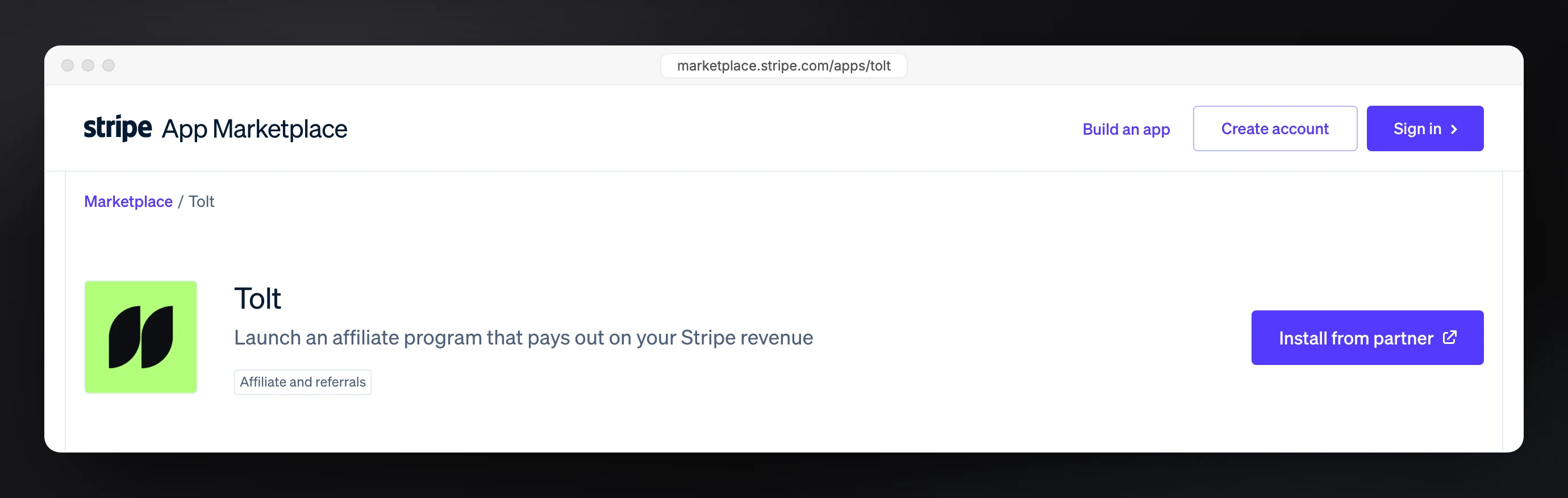 The Tolt app on the Stripe App Marketplace