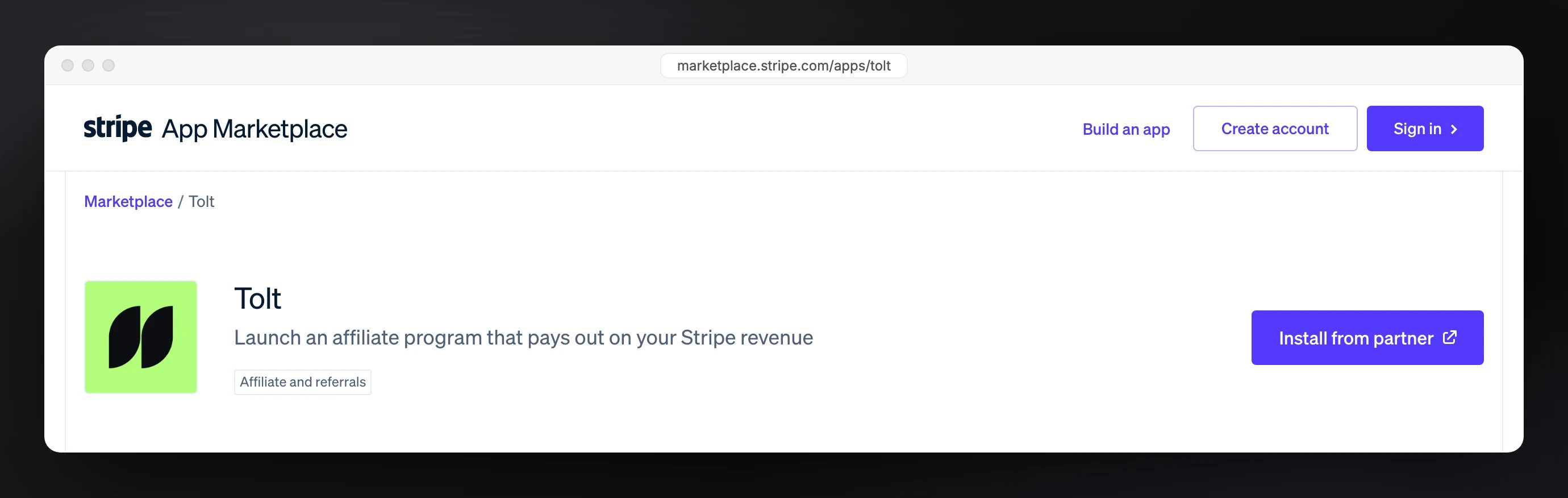 The Tolt app on the Stripe App Marketplace