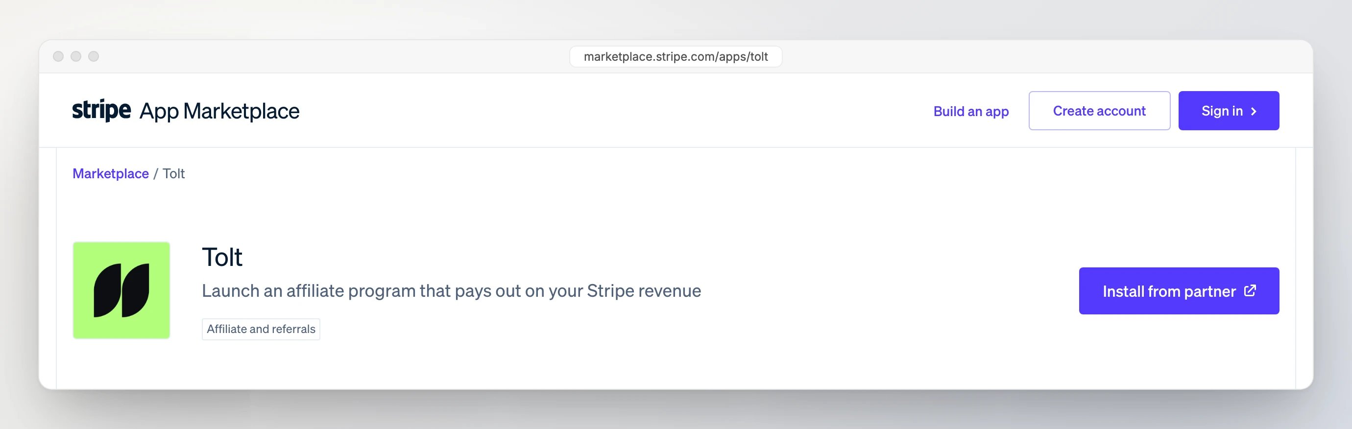 The Tolt app on the Stripe App Marketplace