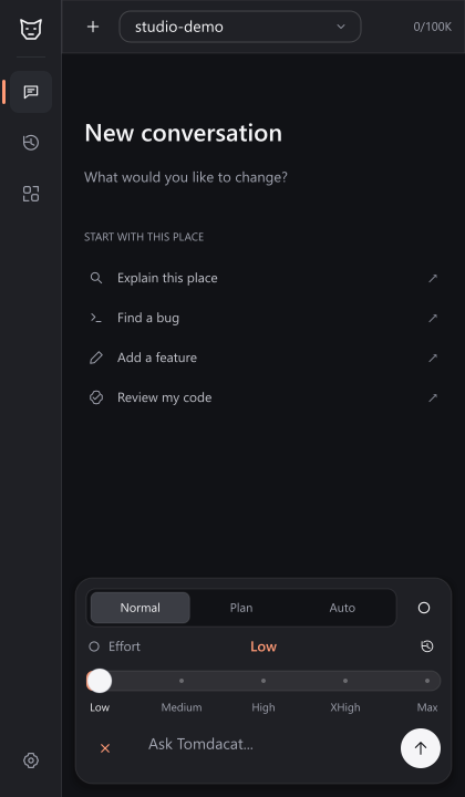 Tomdacat Code v3.3 native preview showing the graphite interface, expanded composer modes, and five-level effort slider