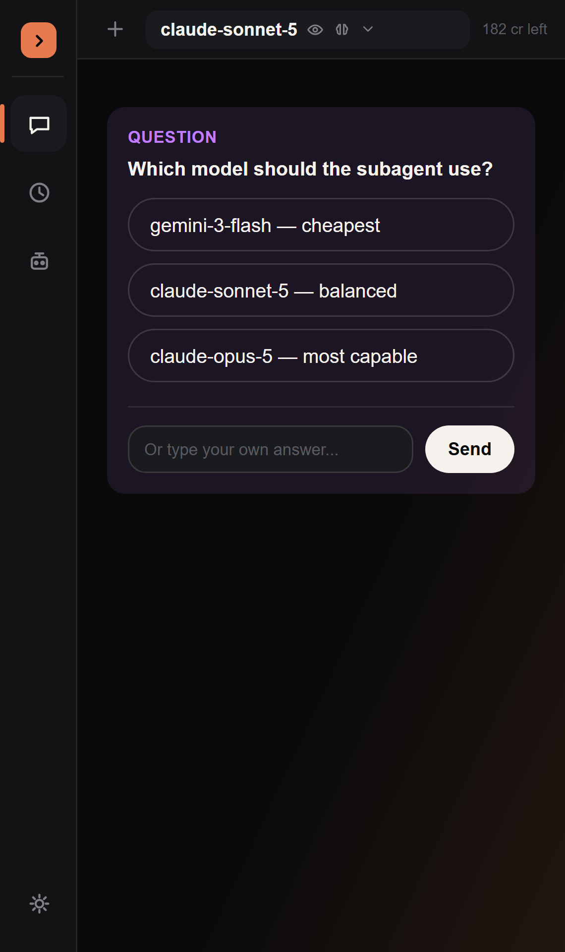 An ask_user_question card with one-click model options and a free-text fallback