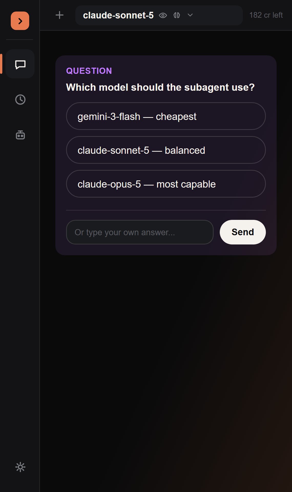 An ask_user_question card with one-click model options and a free-text fallback