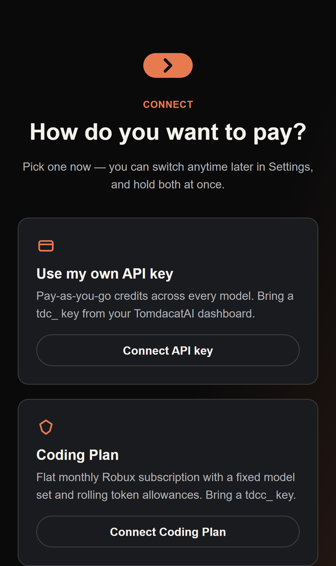 The Auth Choice onboarding screen: Use my own API key vs Coding Plan