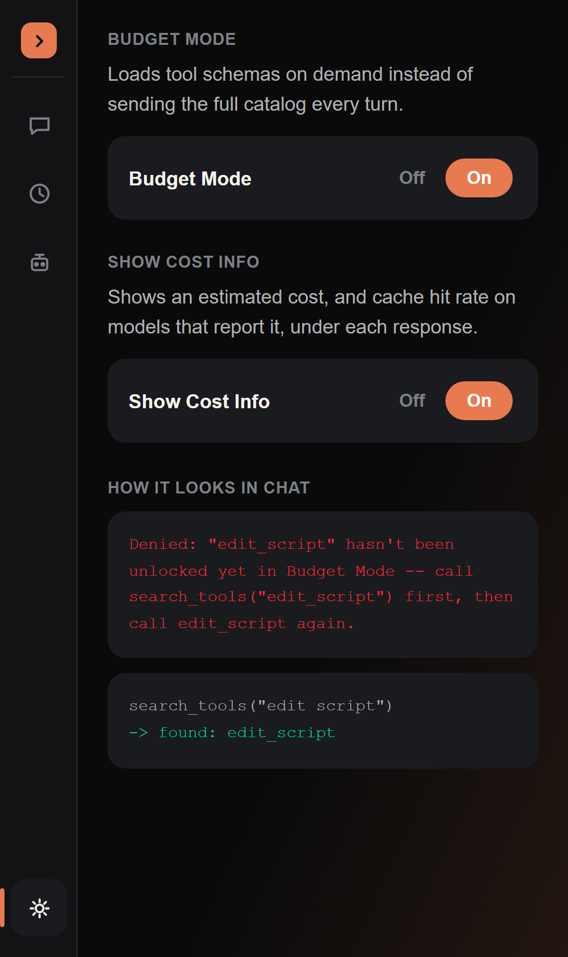 The Budget Mode toggle in Settings, and a tool card rejected as locked before search_tools unlocks it