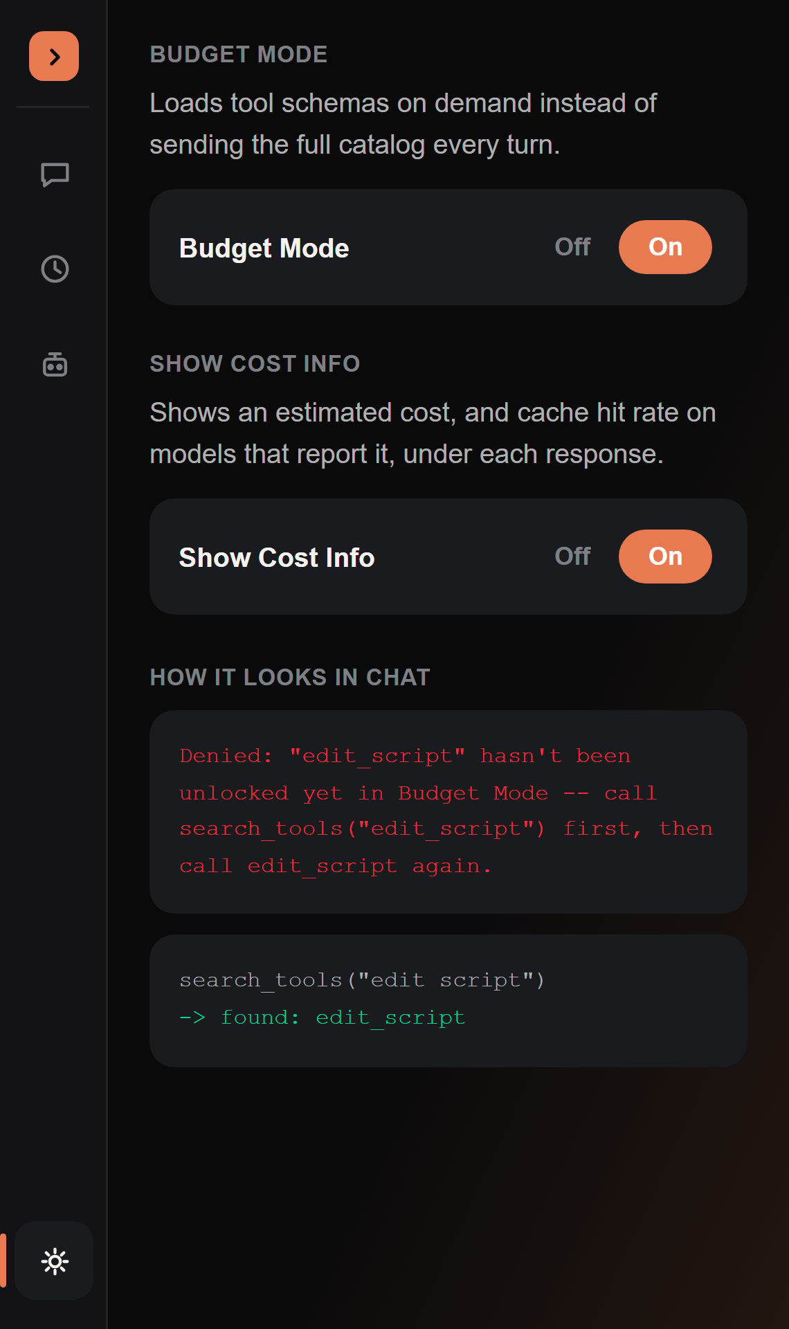 The Budget Mode toggle in Settings, and a tool card rejected as locked before search_tools unlocks it