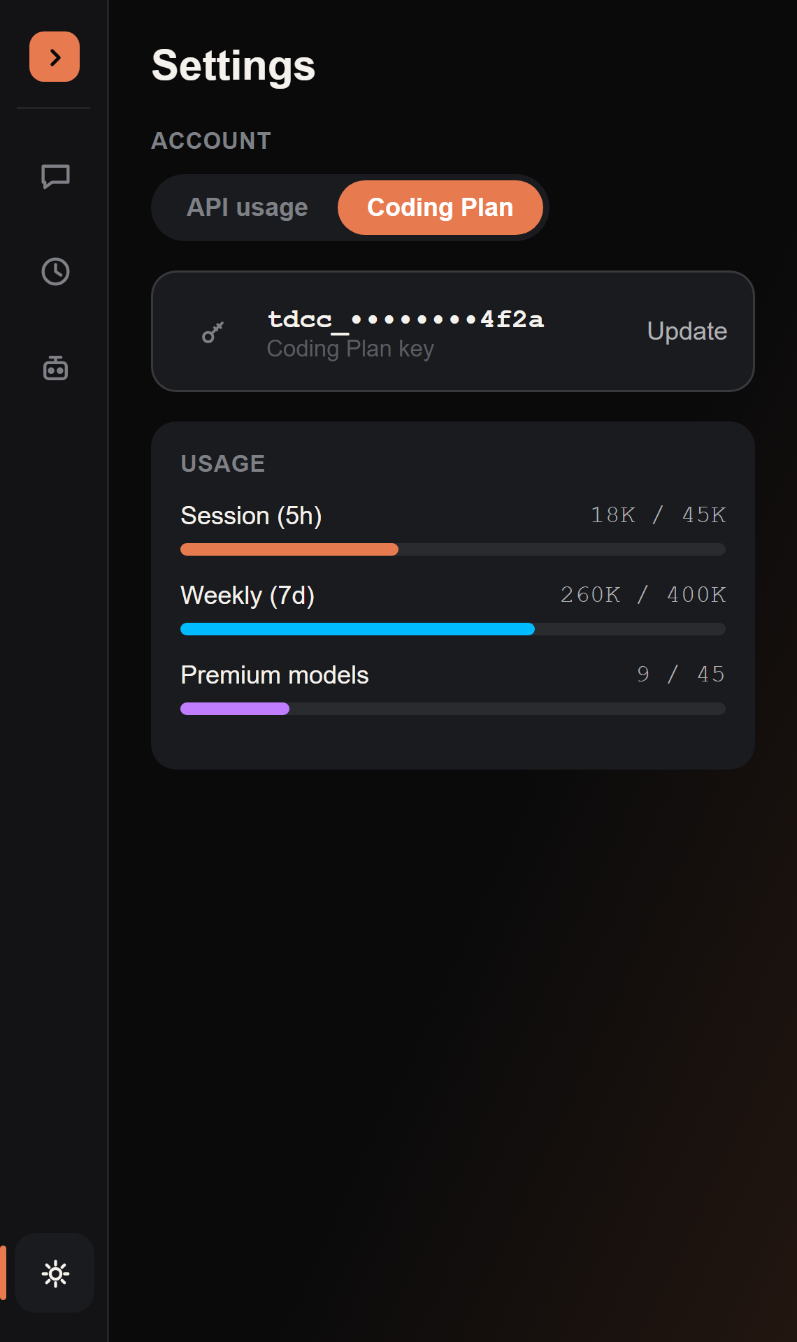 The Account section at the top of Settings, showing a Coding Plan usage card with session, weekly, and premium-model progress bars
