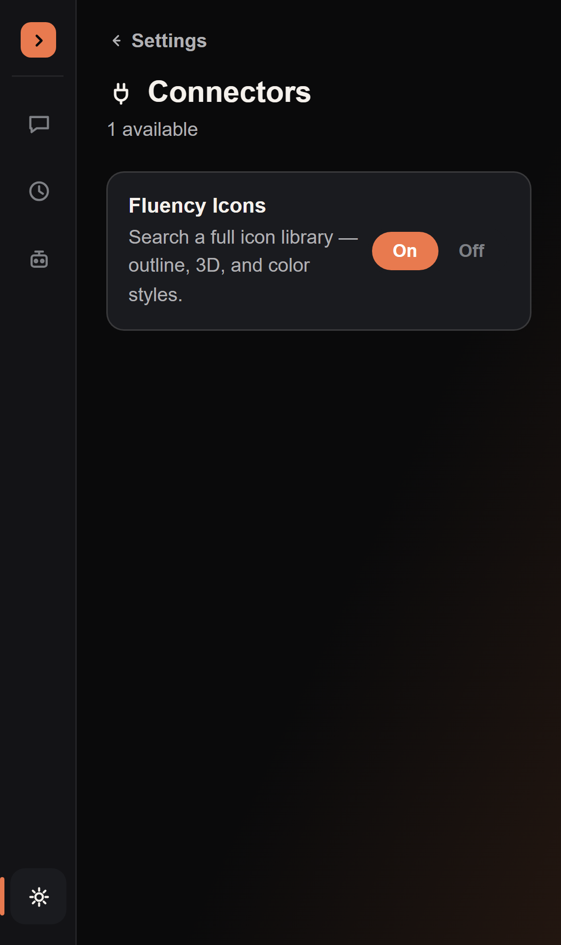 The Connectors settings page, showing the Fluency Icons connector toggled On