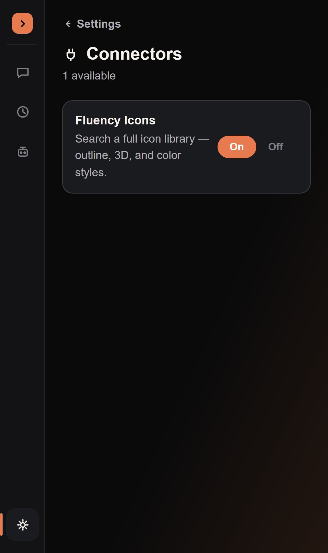 The Connectors settings page, showing the Fluency Icons connector toggled On