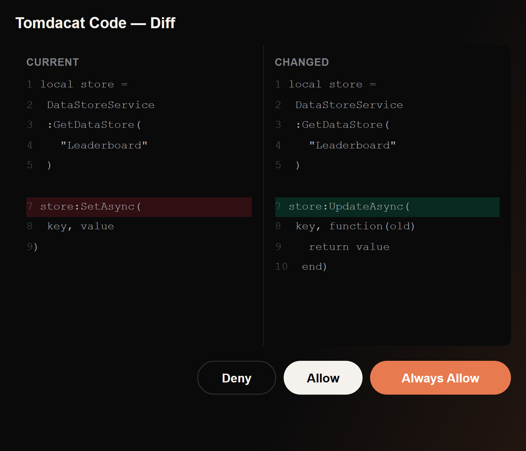 A script edit shown in the side-by-side diff dock widget