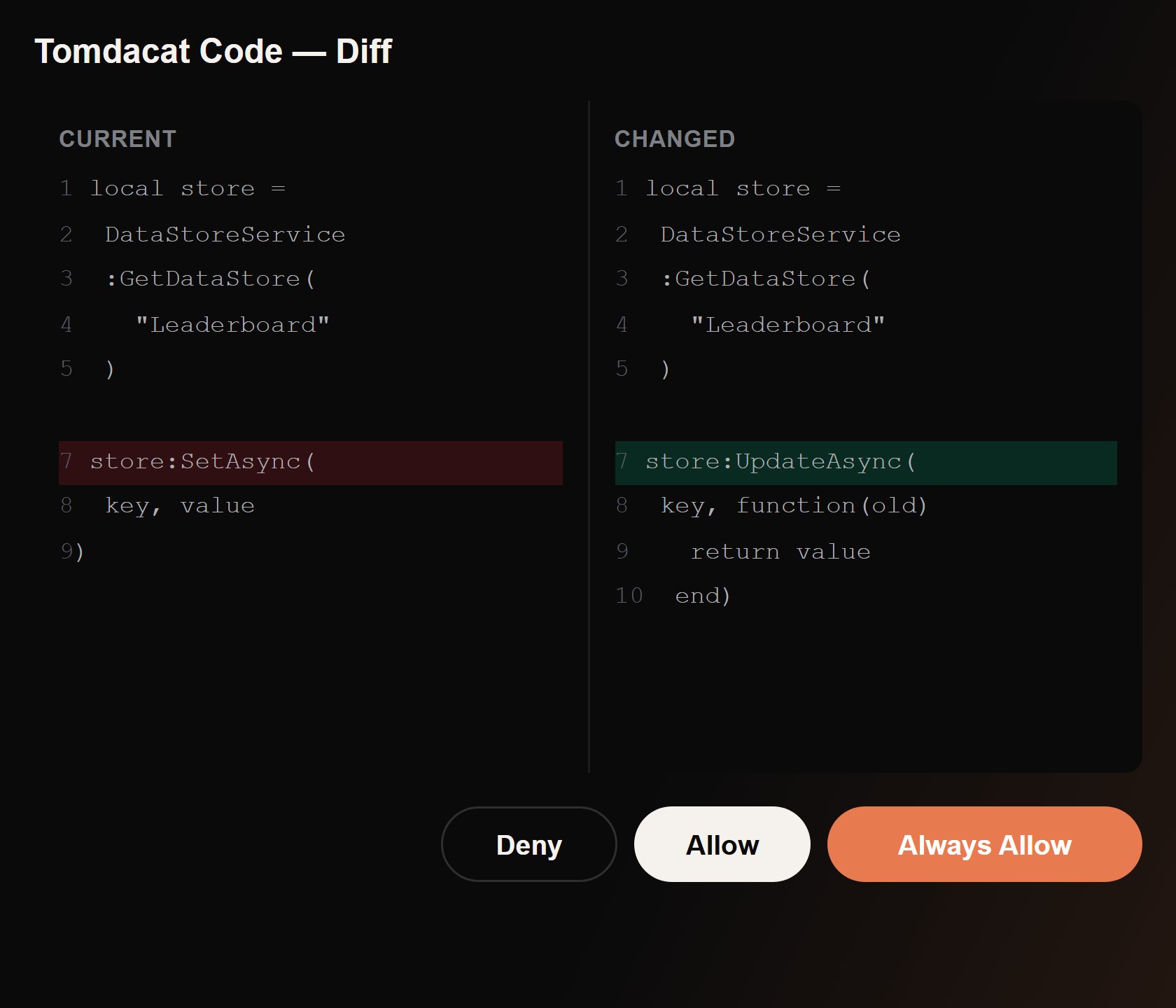 A script edit shown in the side-by-side diff dock widget