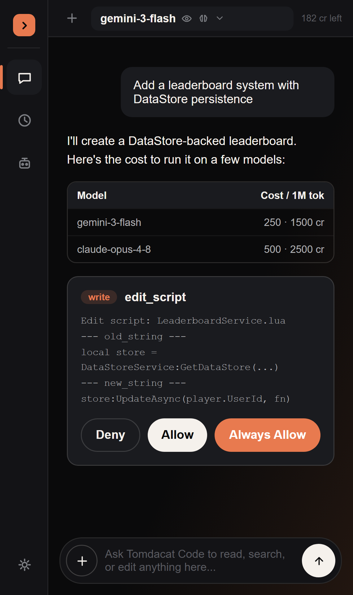 A markdown table rendered inside an assistant reply