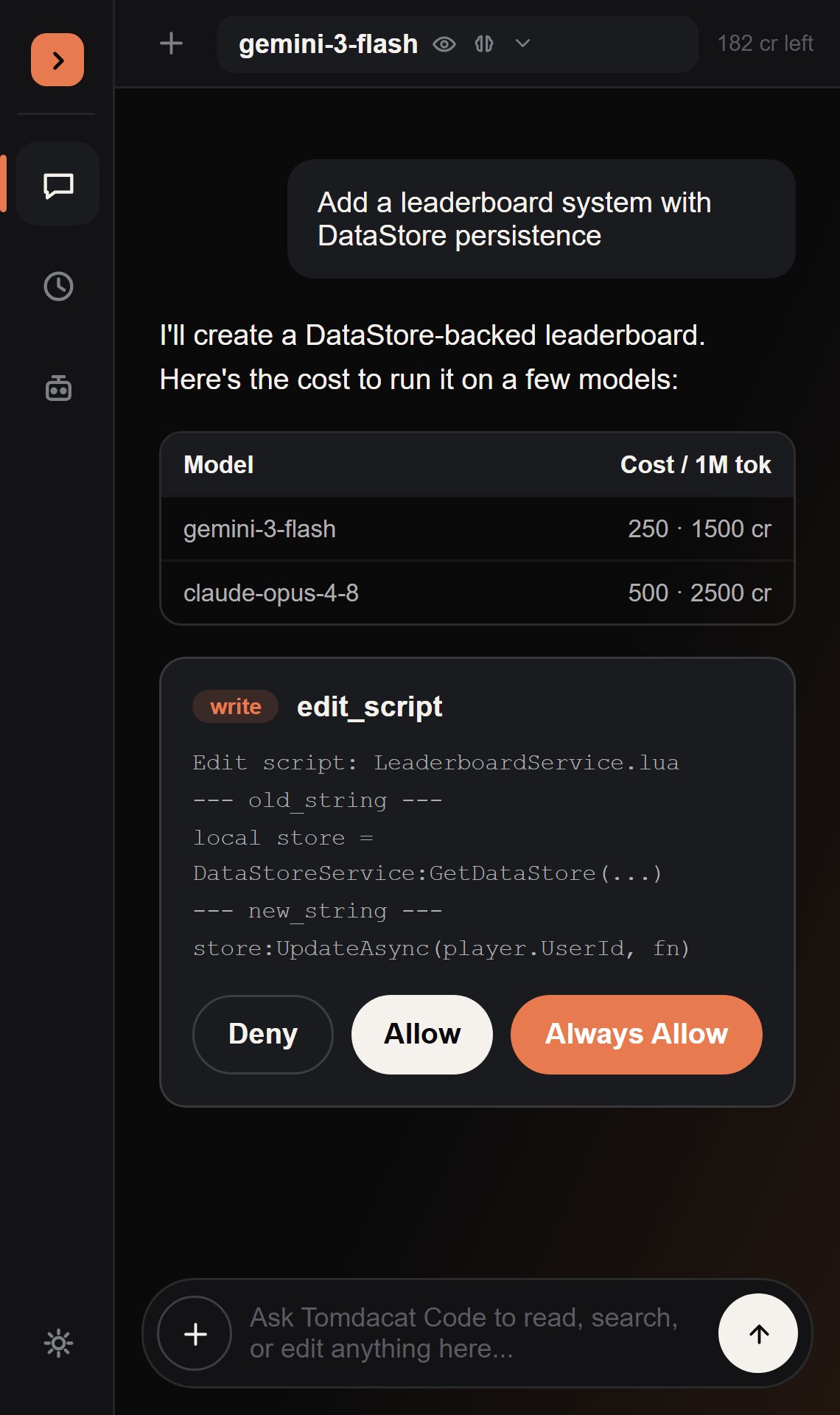 A markdown table rendered inside an assistant reply