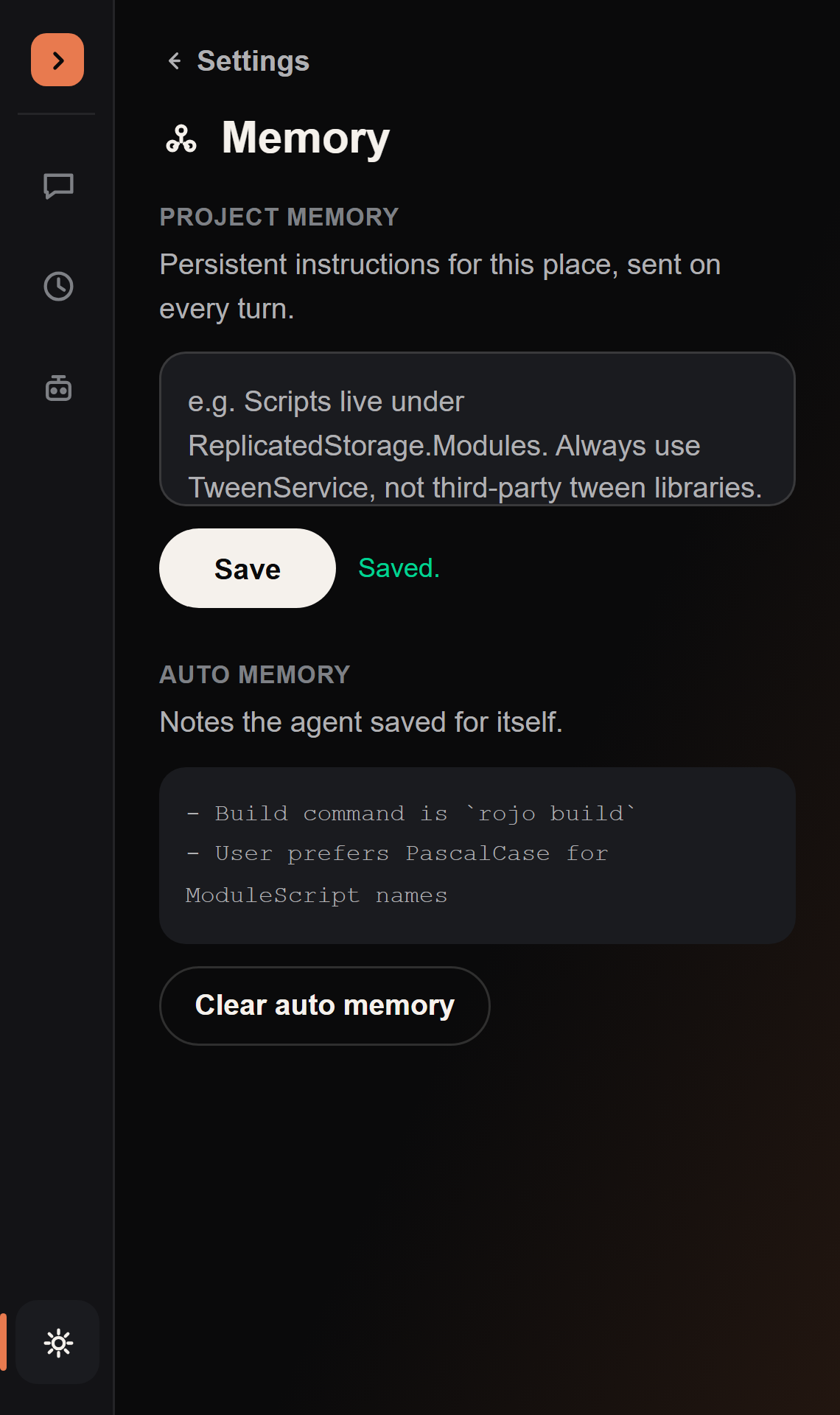 The Memory settings page, showing the Project Memory editor and a saved Auto Memory note