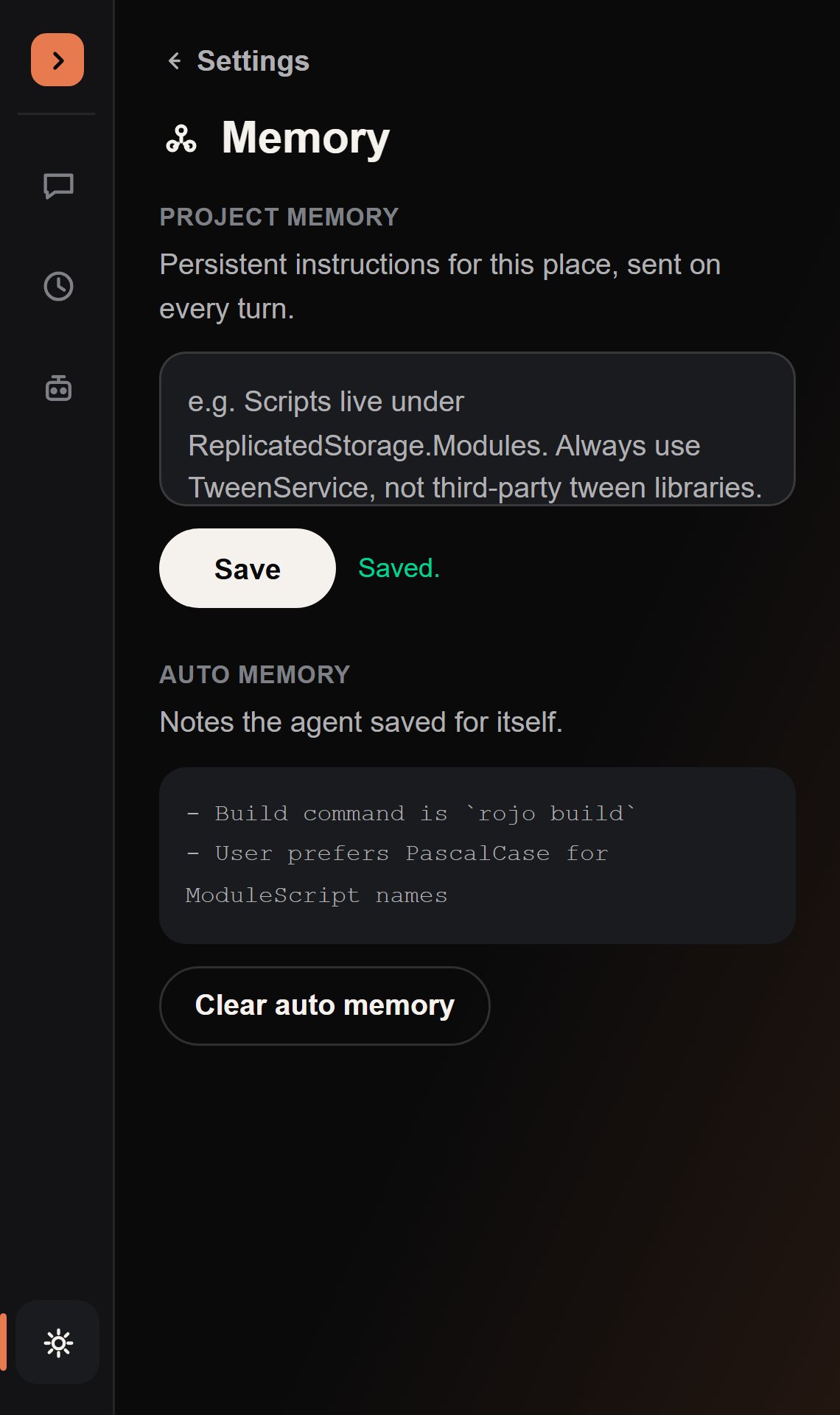 The Memory settings page, showing the Project Memory editor and a saved Auto Memory note