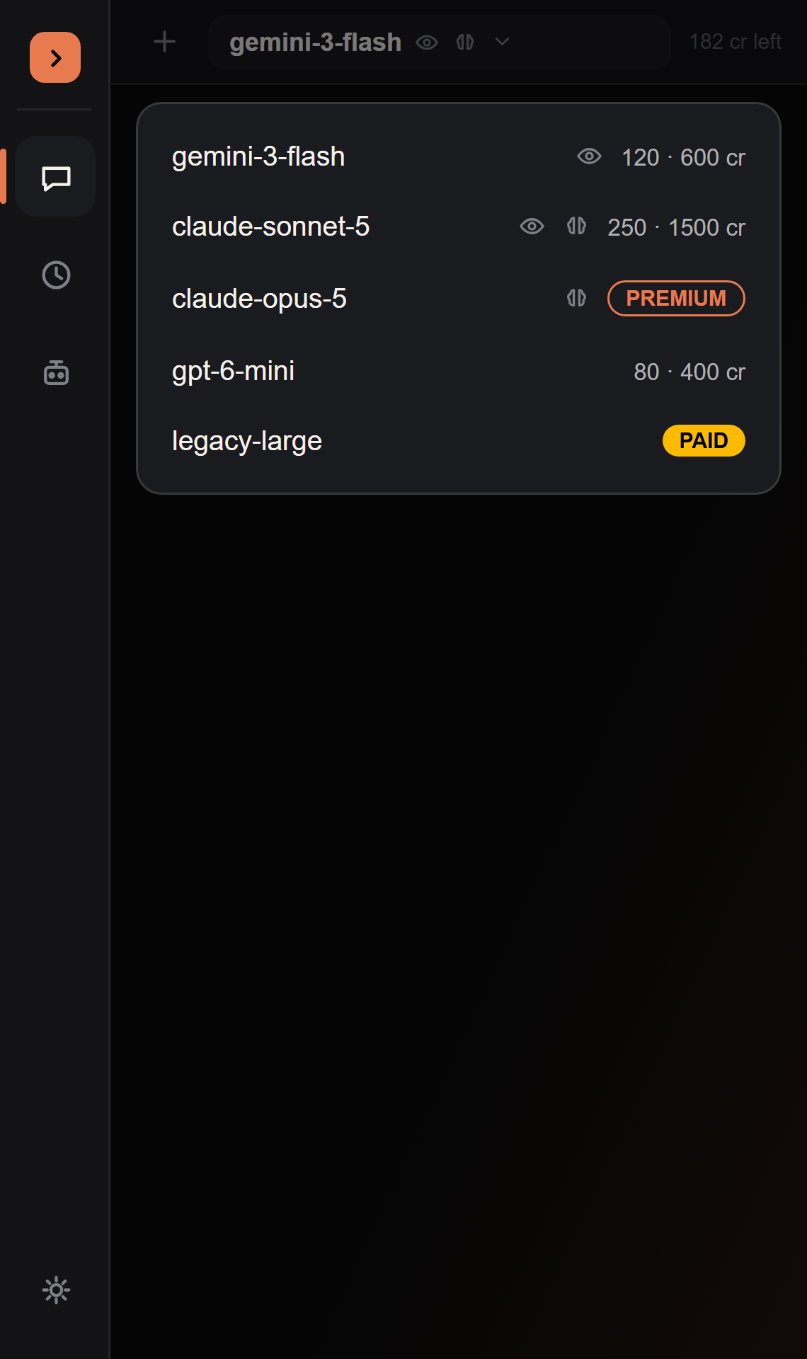 Model dropdown list with vision and reasoning capability icons, cost, and PAID/PREMIUM badges