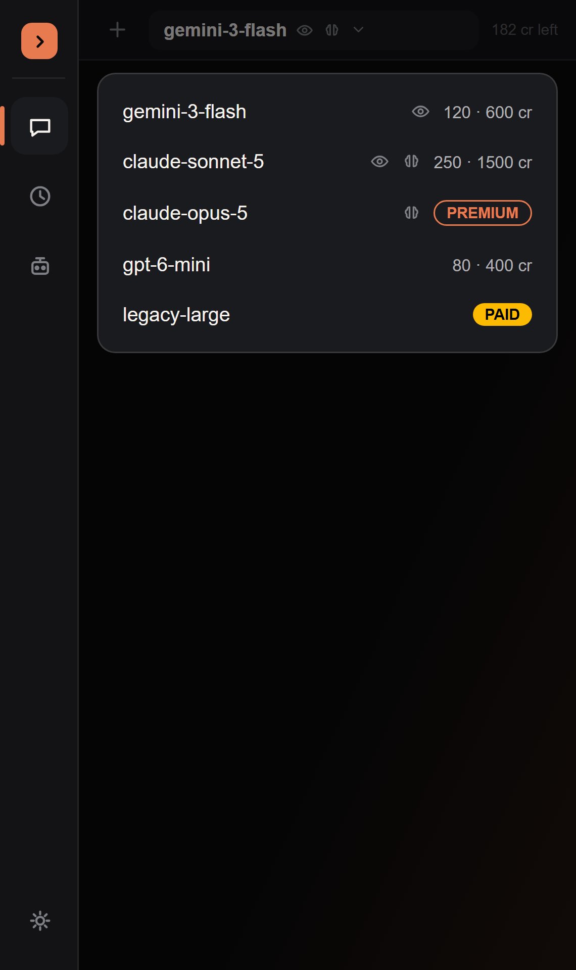 Model dropdown list with vision and reasoning capability icons, cost, and PAID/PREMIUM badges