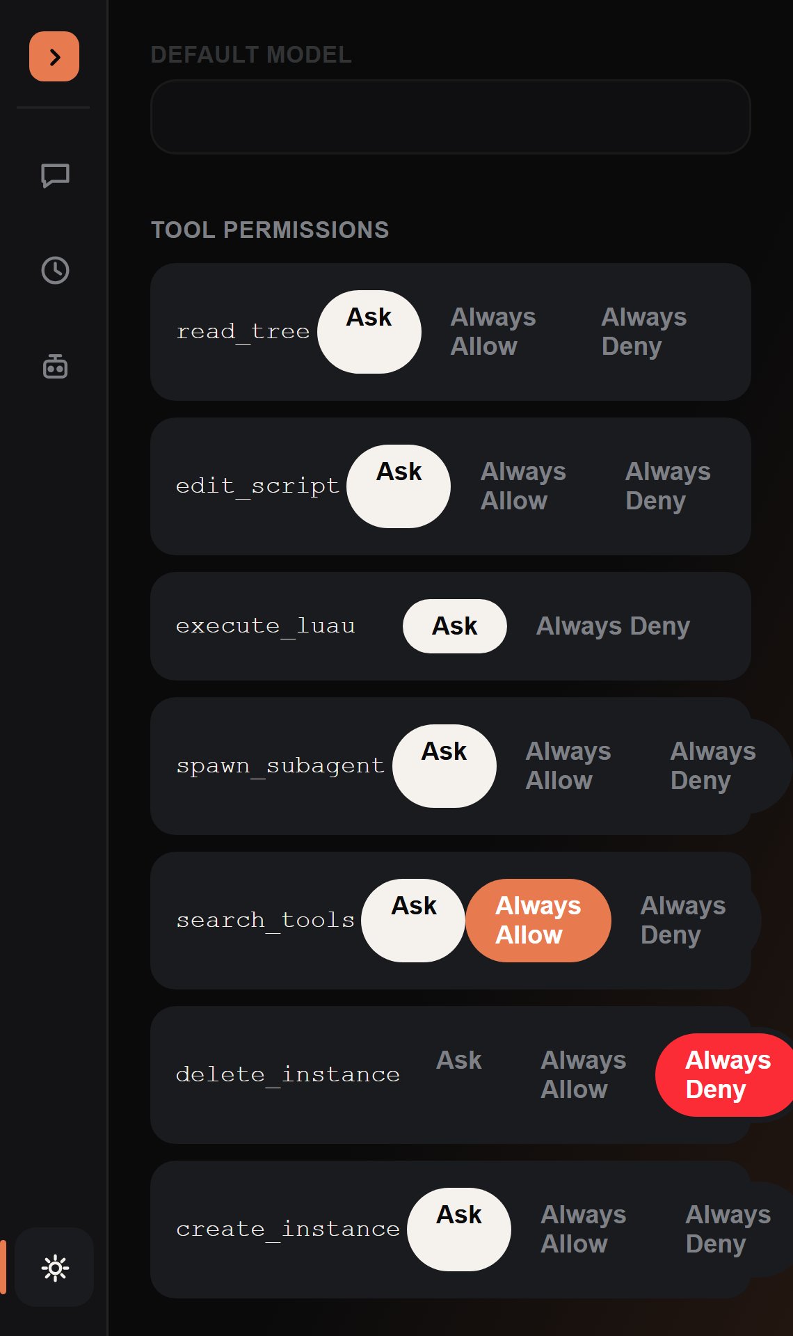 The Tool Permissions section of Settings, listing each tool with an Ask / Always Allow / Always Deny segmented control
