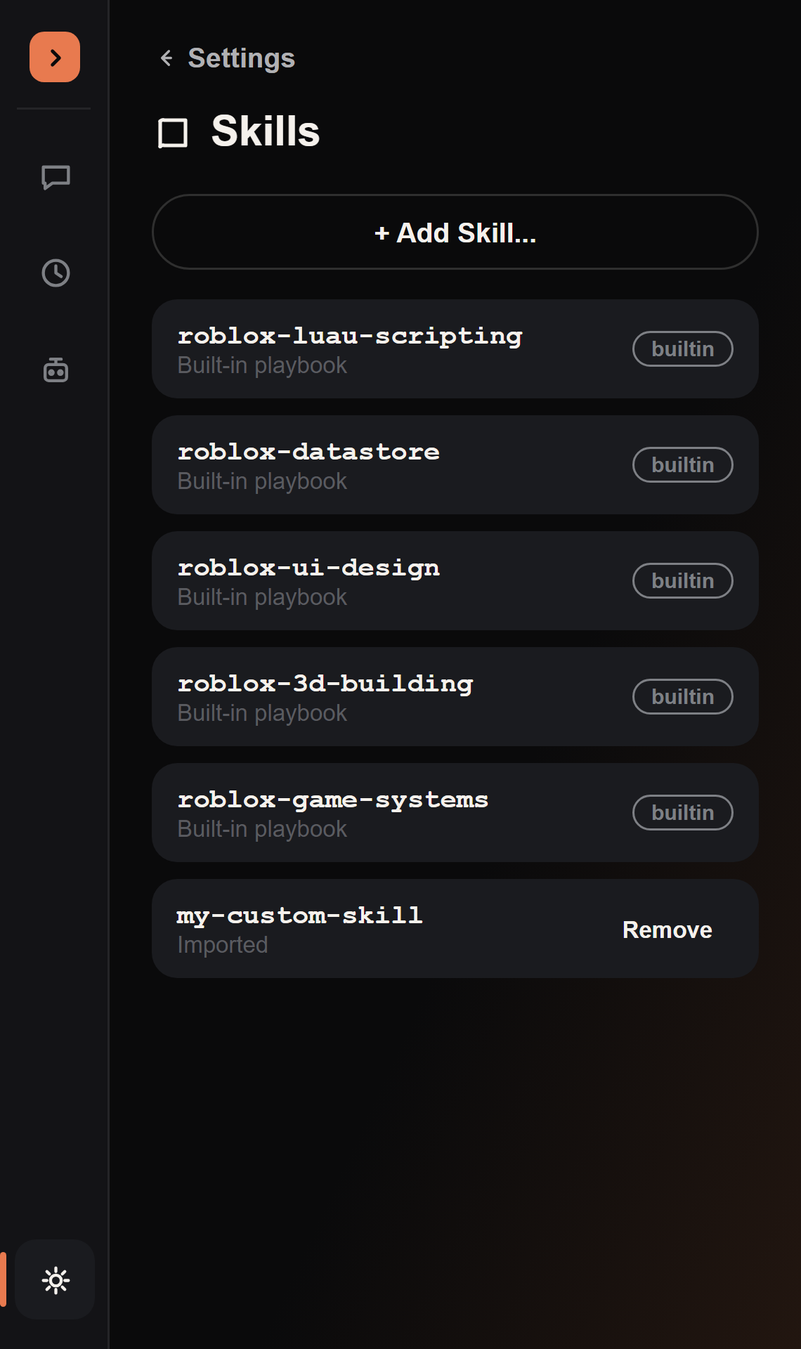 The Skills settings page, listing built-in and custom skills with an Add Skill button
