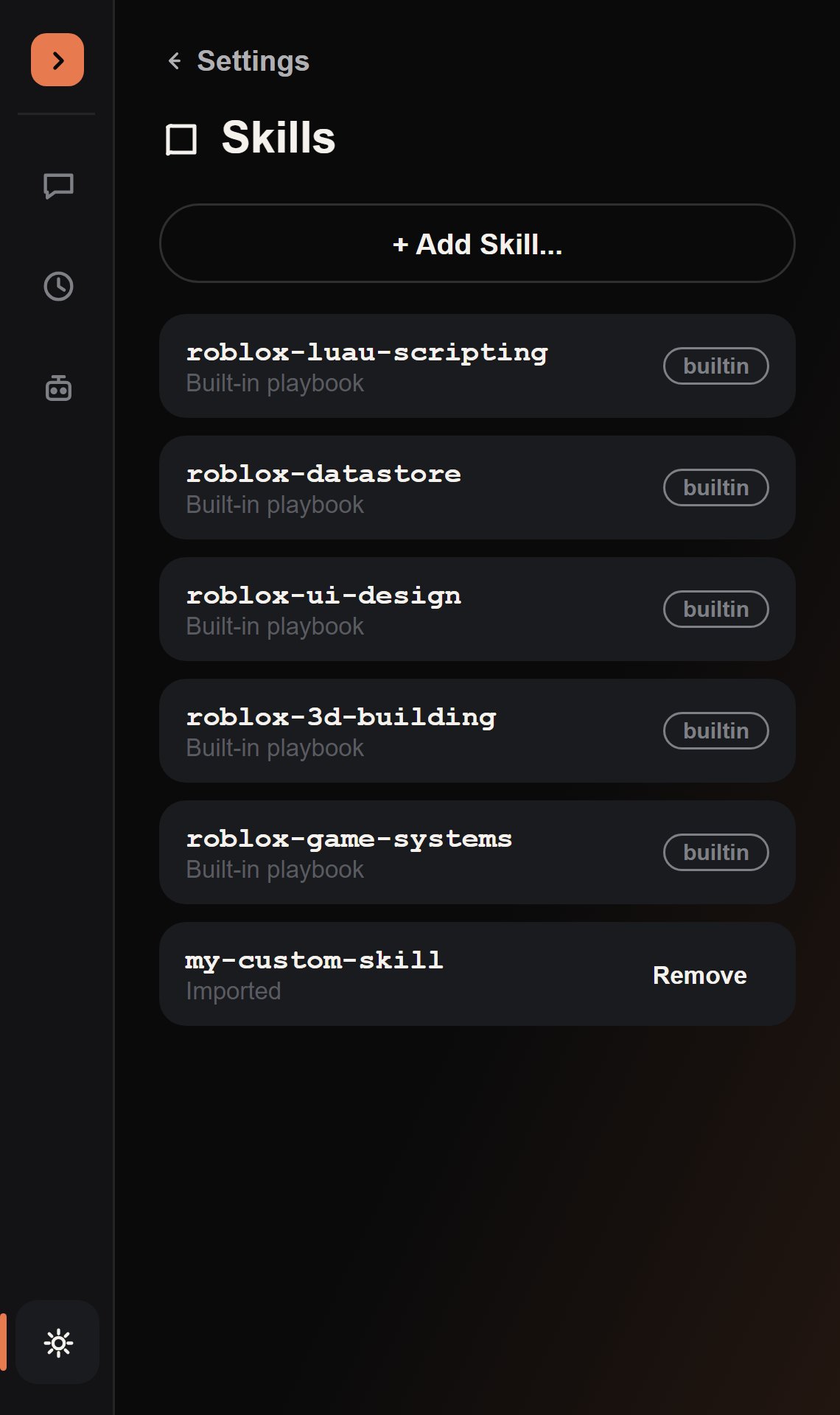 The Skills settings page, listing built-in and custom skills with an Add Skill button