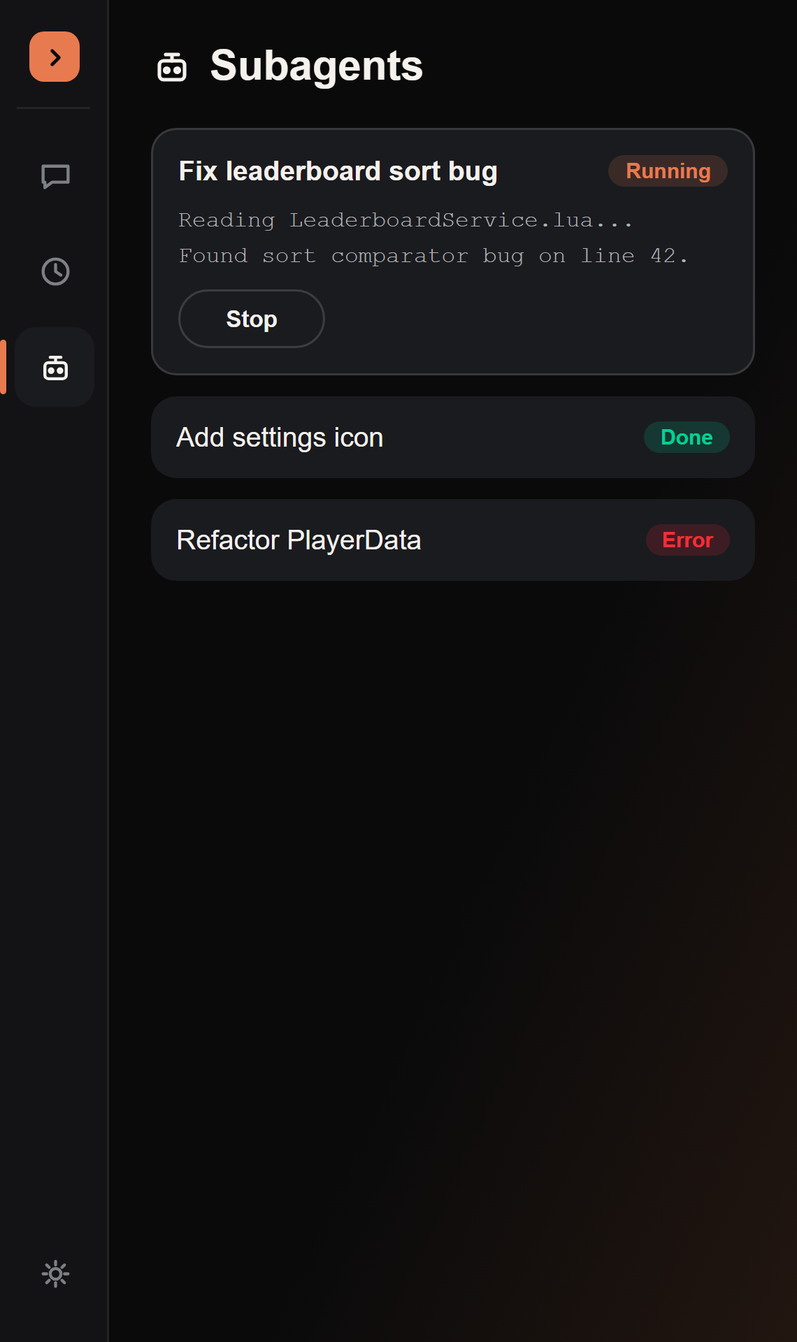 The Subagents rail tab, listing subagents with their status and a detail view with a transcript