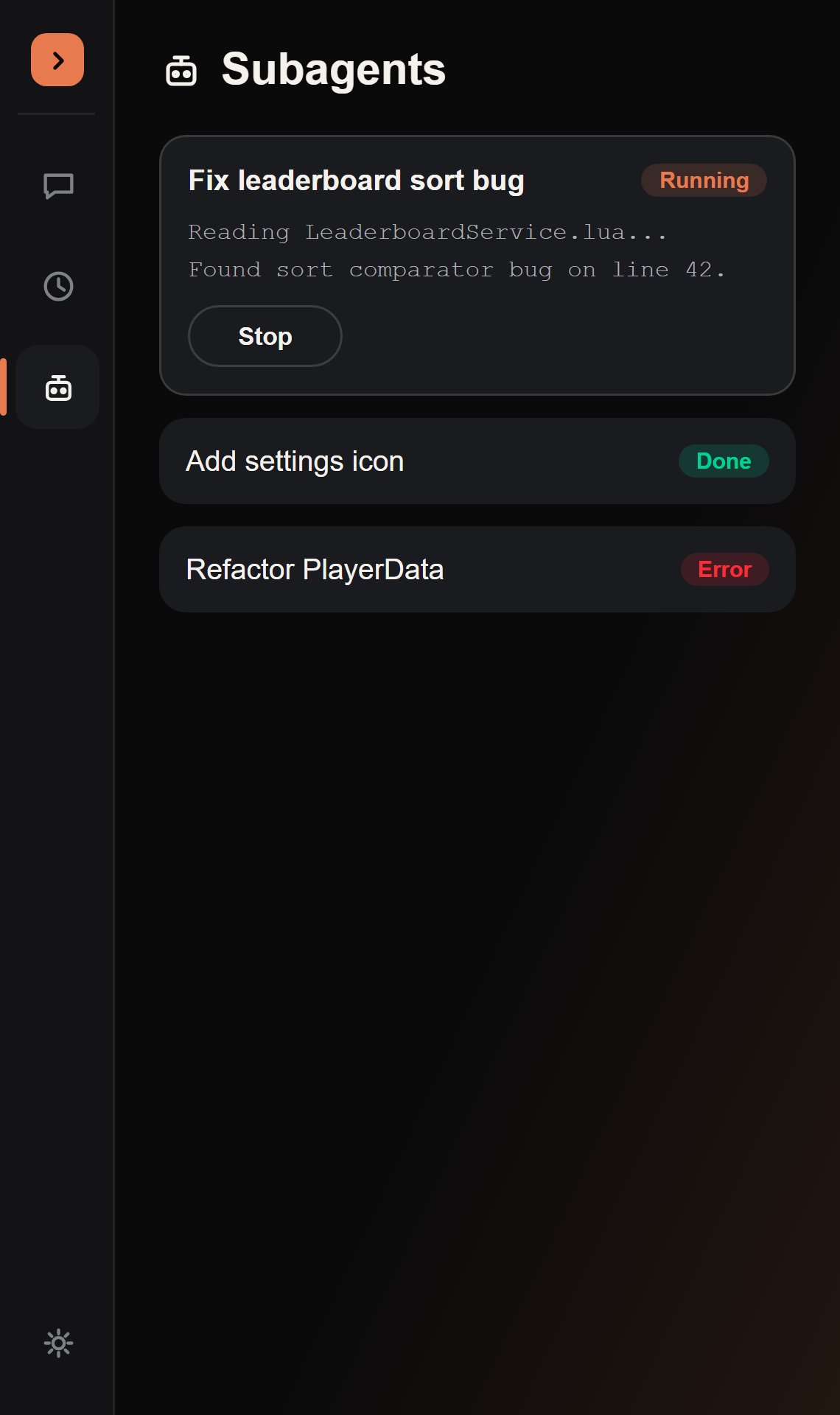 The Subagents rail tab, listing subagents with their status and a detail view with a transcript