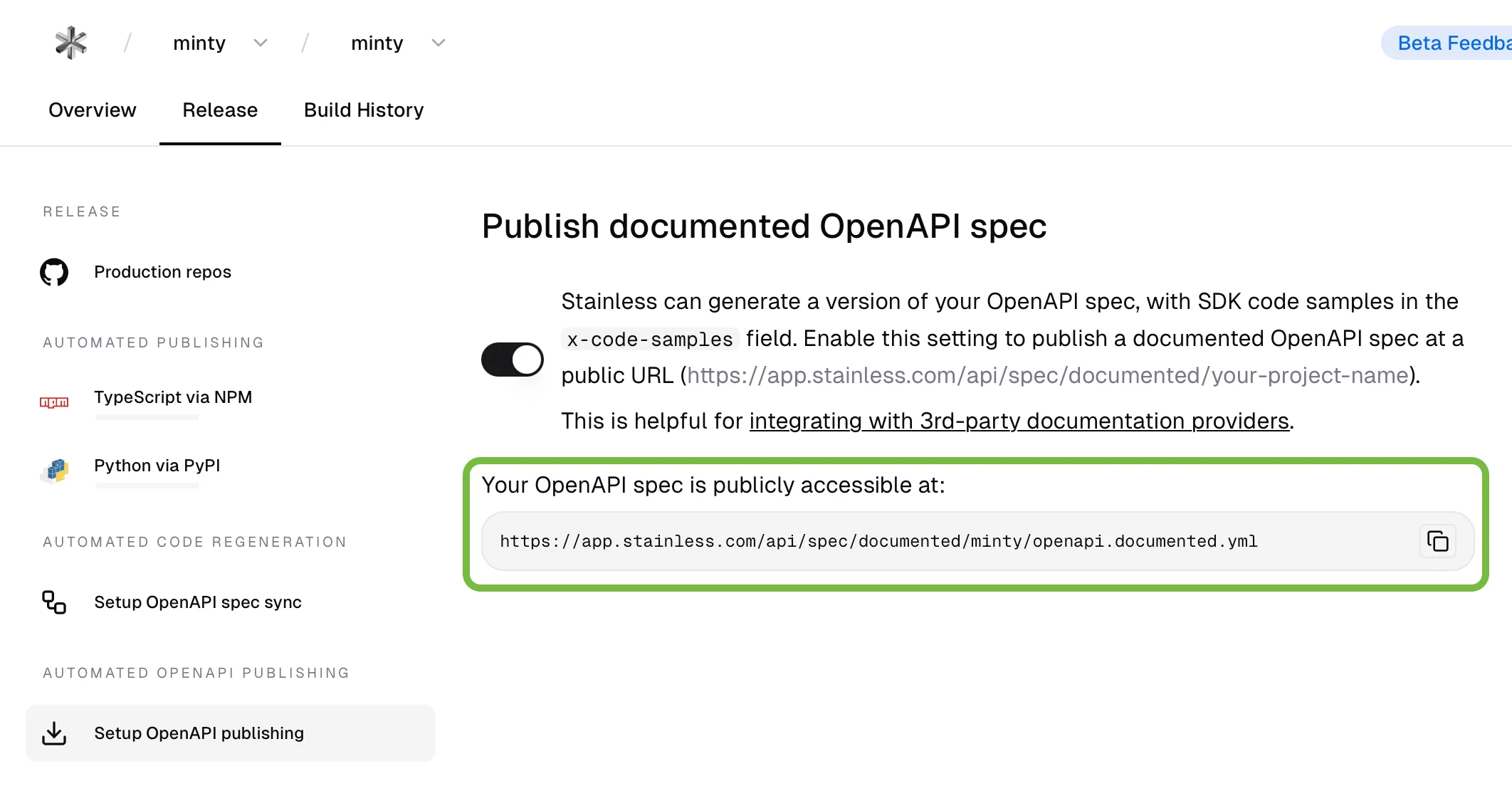 Page de diffusion Stainless avec l’URL de la spécification OpenAPI mise en évidence par un encadré vert.
