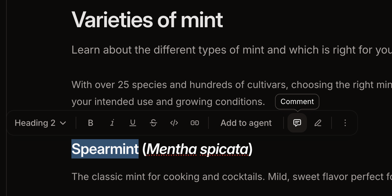 The comment button in the floating toolbar above selected text in the web editor.