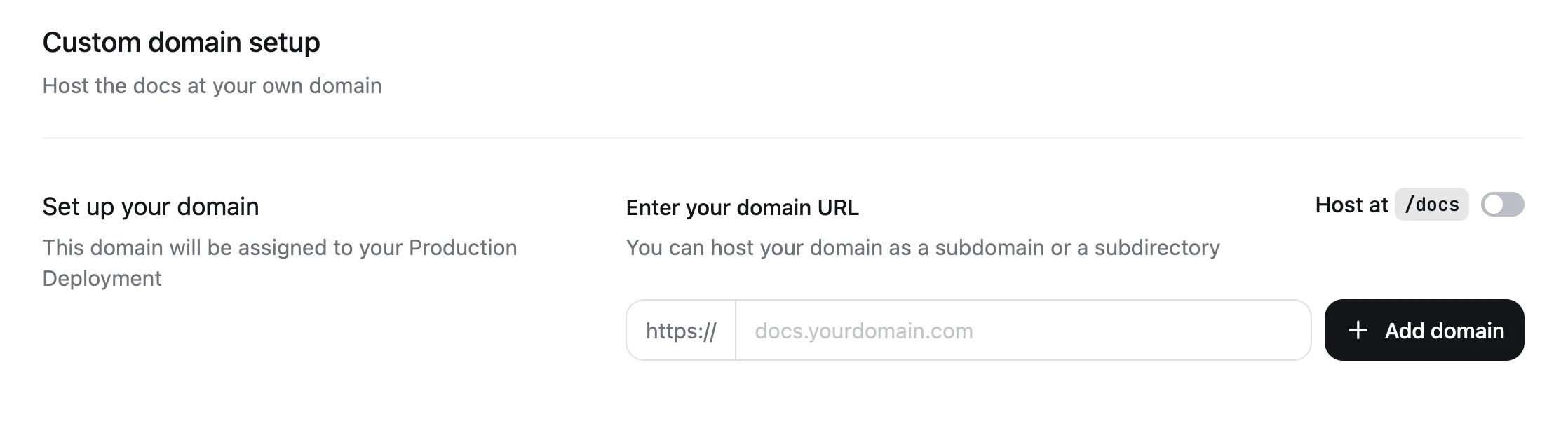 The Custom domain setup page showing the field to enter your custom domain URL.