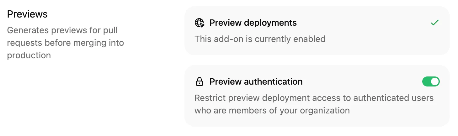 The preview authentication toggle in the Add-ons page