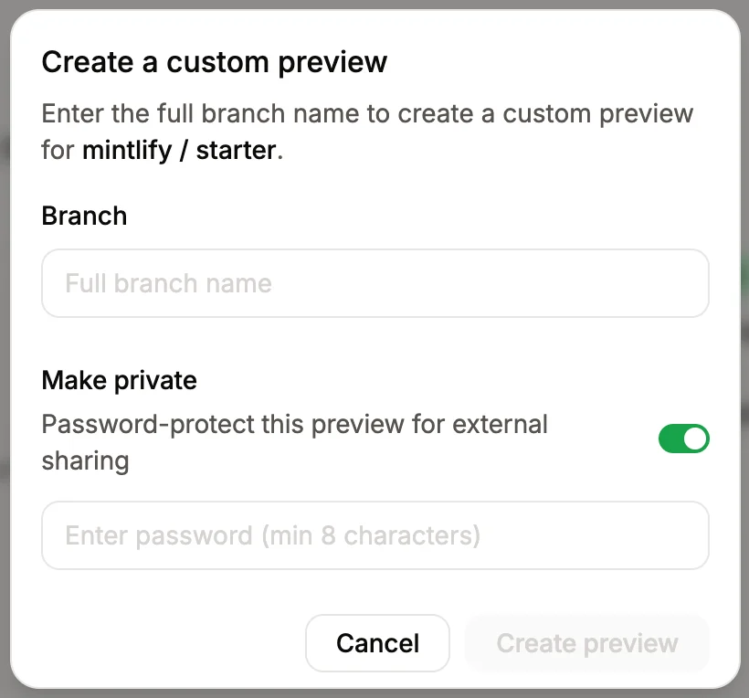 The Create a custom preview modal with the Make private toggle enabled and a password field.