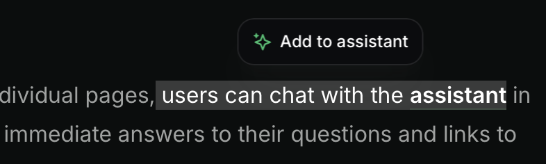 The Add to assistant button above highlighted text in dark mode.