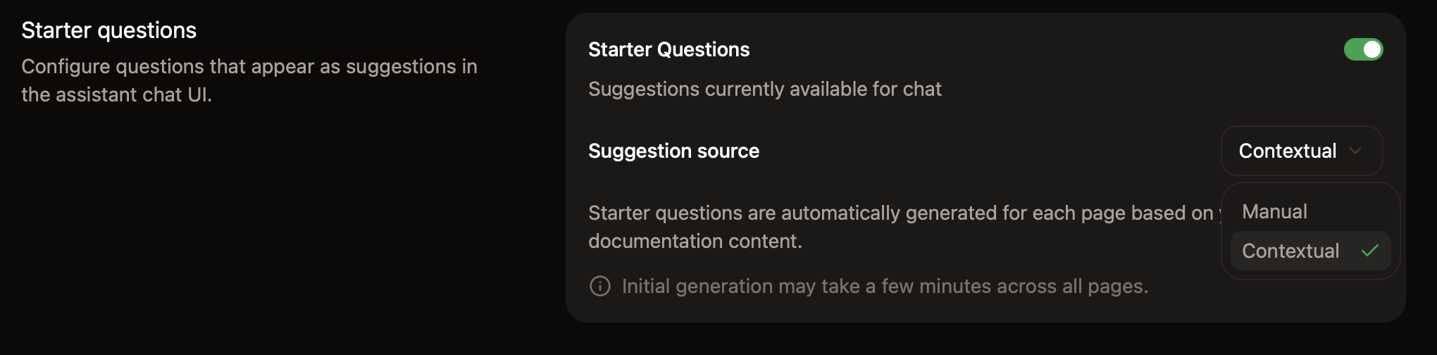 The search suggestions panel in the dashboard with contextual starter questions enabled.